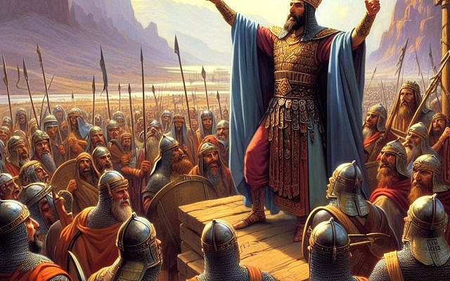 King Jehoshaphat gestures to the men of his army to stand up and look up towards God (Generated by Bing Image Creator).