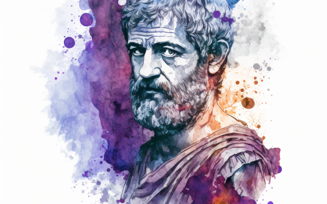 Aristotle in watercolour generated by Midjourney AI, prompted by Netha Hussain, via Wikimedia commons