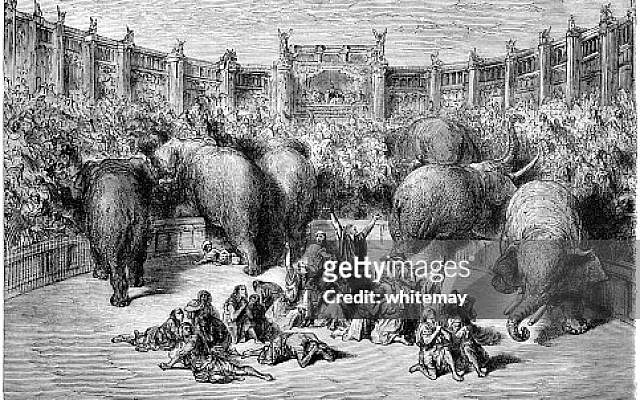 Victorian engraving of “The captive Jews in the Circus at Alexandria” by Gustav Doré. From “The Cottager and Artisan” for 1885. Published by The Religious Tract Society, London, 1884-85.