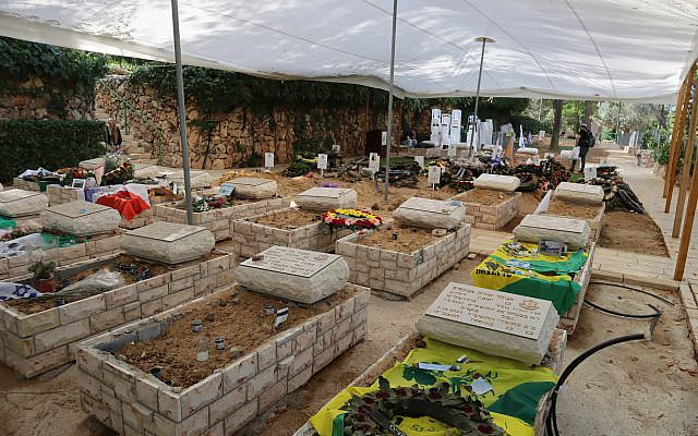 A new plot of graves in Jerusalem's Mount Herzl Military Cemetery for soldiers killed since the October 7 Hamas atrocities. (Shmuel Bar-Am, via The Times of Israel)