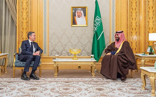 US Secretary of State Antony Blinken meets with Saudi Arabia's Crown Prince Mohammed bin Salman in Riyadh on February 5, 2024. (Saudi foreign ministry/ X)