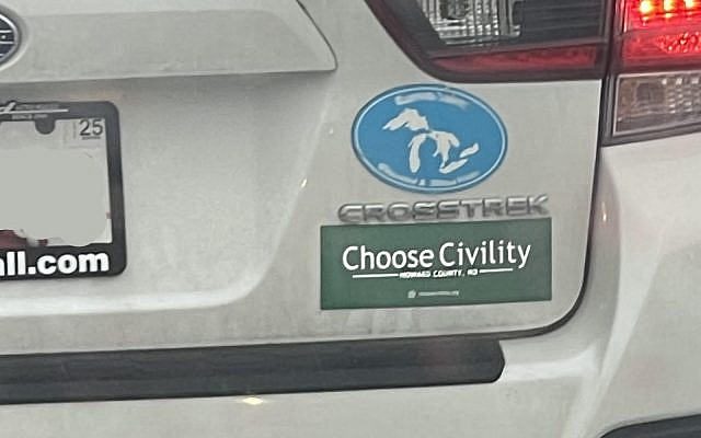 Bumper sticker with Howard County’s unofficial seal “Choose Civility” (Courtesy)