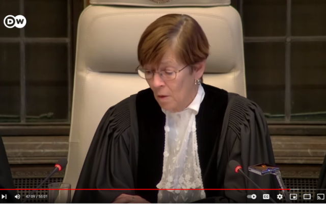 ICJ President Joan E. Donoghue delivers the ruling {YouTube screen capture}