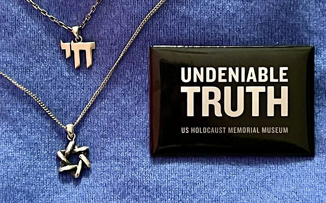"Undeniable Truth" pin given out by US Holocaust Memorial Museum photographed by author (Josh Jury)
