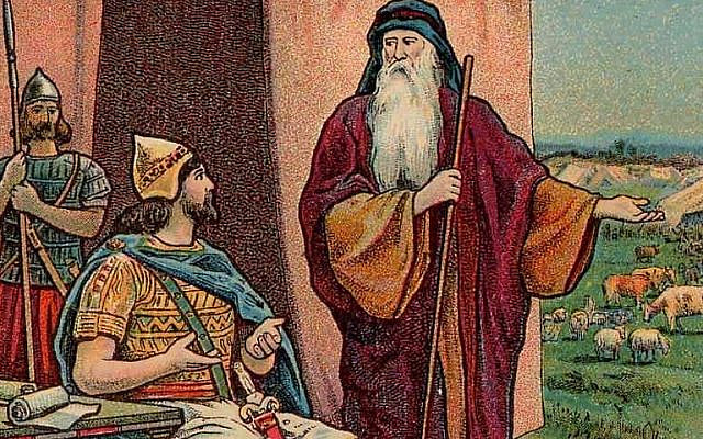 King Saul rejected by the prophet Samuel for sparing the Amalekite king, flocks and herds | Bible Card, Providence Lithograph Company, 1902 (Detail) | Public domain via Wikimedia Commons