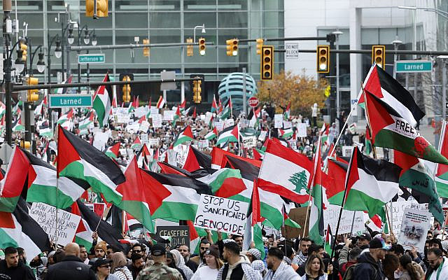 Thousands of people march down Washington Boulevard in downtown Detroit, Michigan, to call for a ceasefire in the war between Israel and Hamas in Gaza, October 28, 2023. Jeff Kowalsky/AFP)