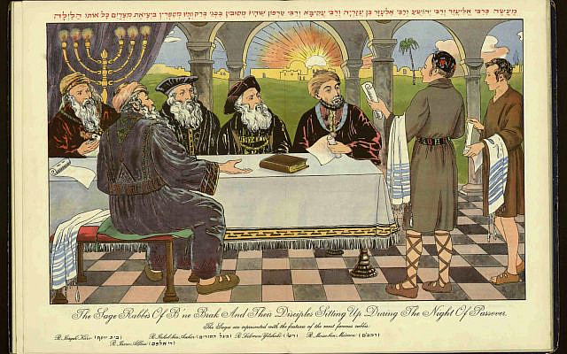 Thought experiments at the Seder: A vintage Hagaddah's fanciful portrayal of the Sages of Bnei Brak as great medieval rabbis including Maimonides and Rashi. Vienna, 1929. Source: The National Library of Israel
