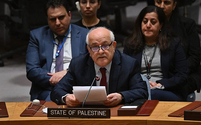 File - Palestinian Ambassador to the United Nations Riyad Mansour speaks during a session of the United Nations Security Council, at the UN headquarters in New York, March 25, 2024.(Angela Weiss/AFP)