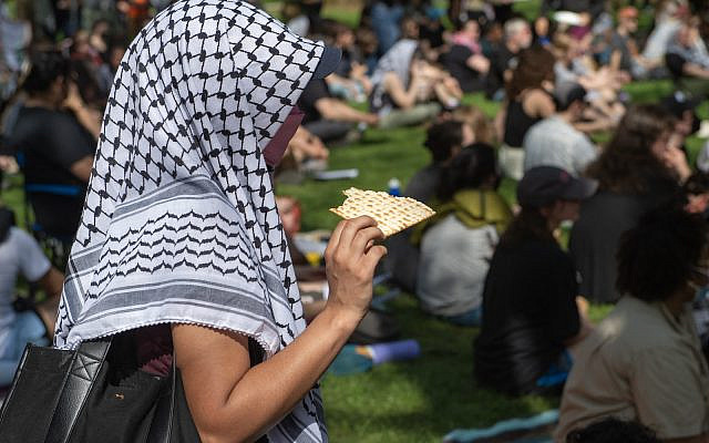 Illustrative: Pro-Palestinian protesters, including students and faculty of universities across Philadelphia, hold a Passover seder at the protest encampment at the University of Pennsylvania in Philadelphia, Pennsylvania on April 28, 2024. (Matthew Hatcher / AFP)