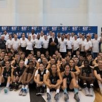 Players and coaches at a Basketball Without Borders training session at the Wingate Institute in Israel, August 14, 2017. (Luke Tress/Times of Israel)