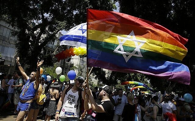 تصویر: اسرائیلی ها و توریست ها، پرچم بدست، در رژه افتخار دگرباشان در تل آویو، ۸ ژوئن ۲۰۱۸. 
(AP/Sebastian Scheiner)
