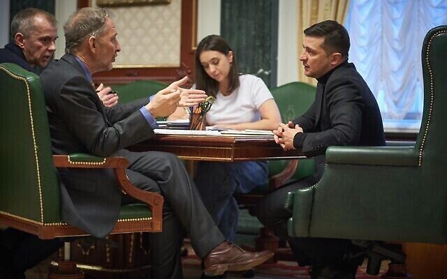 Ukraine President Volodymyr Zelensky, interviewed by The Times of Israel in his office in Kyiv, on January 18, 2020. Iuliia Mandel is second from right. (Press service of the Office of the President of Ukraine)