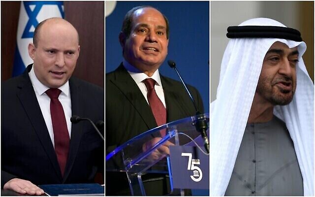 تصویر: از راست به چپ، نفتالی بنت نخست وزیر اسرائیل، عبدالفتاح السیسی رئیس جمهور مصر، و محمد بن زاید ولیعهد امارات. (Collage/AP)