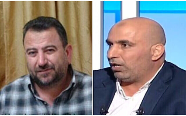 تصویر: صالح العروری، راست، ویدئوی بی تاریخ یوتیوب (عکس ویدئویی)، و ظاهر جبارین، چپ، در مصاحبه با المیادین، شبکهٔ تلویزیونی هوادار حزب الله، ۱۷ آوریل ۲۰۲۲. (Screen grab)
