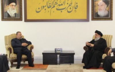تصویر: حسن نصرالله رهبر حزب الله در ملاقات با رهبری حماس در لبنان، ۲۸ اوت ۲۰۲۲. 
(Twitter)