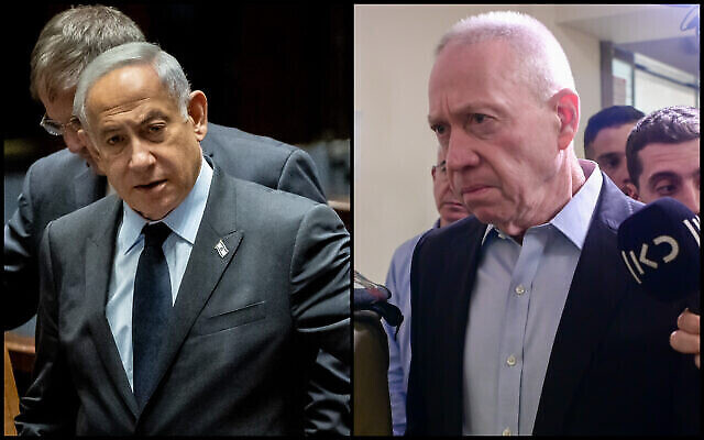 تصویر: بنیامین نتانیاهو نخست وزیر در کنست، ۲۲ مارس ۲۰۲۳، و یوآو گالانت وزیر دفاع در ۲۶ مارس ۲۰۲۳، در بیمارستان بلینسون حین ملاقات از سربازی که در تیراندازی تروریستی مجروح شد. (Yonatan Sindel; Avshalom Sasson/Flash90)