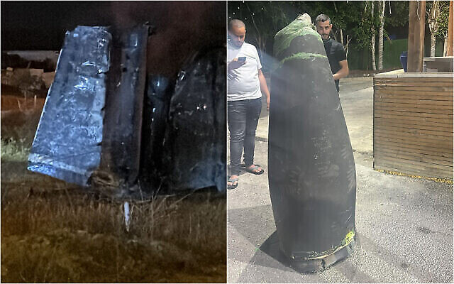 تصویر: دُم و دماغهٔ هوانوردی که به نظر می-رسد موشک ضدهوایی S-200 باشد که از سوریه پرتاب شده، پس از انفجار بر فراز اسرائیل و سقوط در شهر رحات، جنوب اسرائیل، صبحگاه ۱ ژوئیهٔ ۲۰۲۳. (Courtesy)