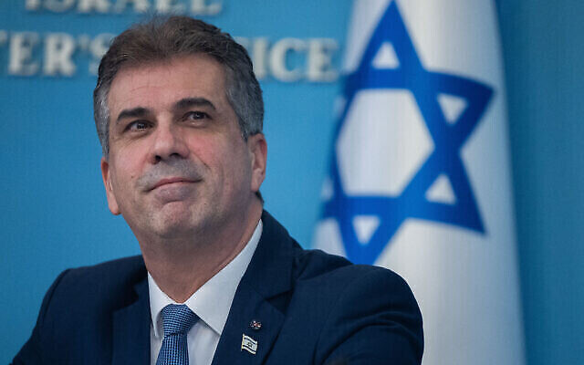 تصویر: الی کوهن وزیر خارجهٔ اسرائیل در کنفرانس مطبوعاتی در دفتر نخست وزیر در اورشلیم، ۲۵ ژانویه ۲۰۲۳. 
(Yonatan Sindel/Flash90)