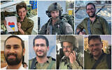 تصویر: سربازان نیروهای دفاعی که در ۱۰ دسامبر ۲۰۲۳ در نوار غزه کشته شدند: ردیف بالا، چپ به راست: سرگروهبان (ذخیره) ایتای پری؛  کاپیتان (ذخیره) ایتای پری؛‌ سرگروهبان (ذخیره) ایلیا یانوفسکی؛ گروهبان یکم (ذخیره) آری یهیئل زنیلمان؛ ردیف پایین: سرگروهبان (ذخیره) گیدئون ایلانی؛ ستوان (ذخیره) آویاتار کوهن؛ ستوان گال باخر؛ گروهبان (ذخیره) رومان برانشتین. (Courtesy; combo image: Times of Israel)