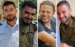 تصاویر زیر، (از چپ به راست) مرگ استوار یکم پلیس، ران گفیلی به دست تروریستها در ۷ اکتبر تأیید شد؛‌ سرگرد (ذخیره) نتزر سمخی، ۳۰ ساله، سمت چپ؛ افسر ضمانت-نامه، یوآل نیر، ۴۳ ساله؛‌ کاپیتان (ذخیره) گاوریل شانی، ۲۸ ساله در ۳۰ ژانویه ۲۰۲۴ در غزه کشته شد. (Israel Defense Forces)