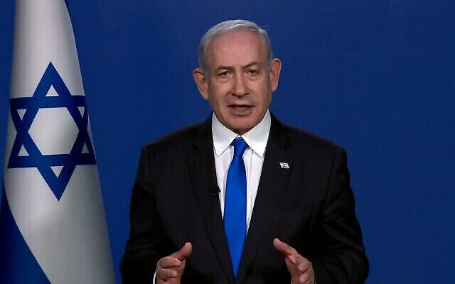 تصویر: بنیامین نتانیاهو نخست وزیر حین سخنرانی در بیانیهٔ ویدئویی، ۱۹ ژانویه ۲۰۲۴. 
(screenshot)