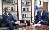 تصویر: بنیامین نتانیاهو نخست وزیر، راست، در ملاقات با آنتونی بلینکن وزیر خارجهٔ ایالات متحده در مقر نظامی کیریات، تل آویو، ۹ ژانویه ۲۰۲۴. (Kobi Gideon/GPO)