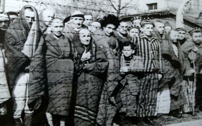 Prisoners at Auschwitz-Birkenau during liberation, in January 1945 (photo credit: Wikimedia Commons)