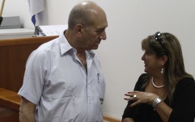 Ehud Olmert and Shula Zaken in September 2011 (photo credit: Uri Lenz/Flash90)