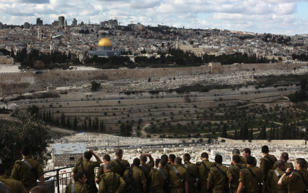 Soldiers visiting the Mount of Olives overlooking the Old City of Jerusalem (photo credit: Kobi Gideon/Flash90)