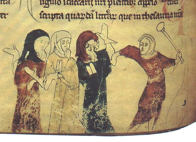 Marginal Illustration from the Chronicles of Offa (British Library, Cotton Nero D. I.), folio 183v, Jews being persecuted. Illustration by Matthew Paris. Scanned from Four Gothic Kings, Elizabeth Hallam, ed. (photo credit: Wikimedia Commons)