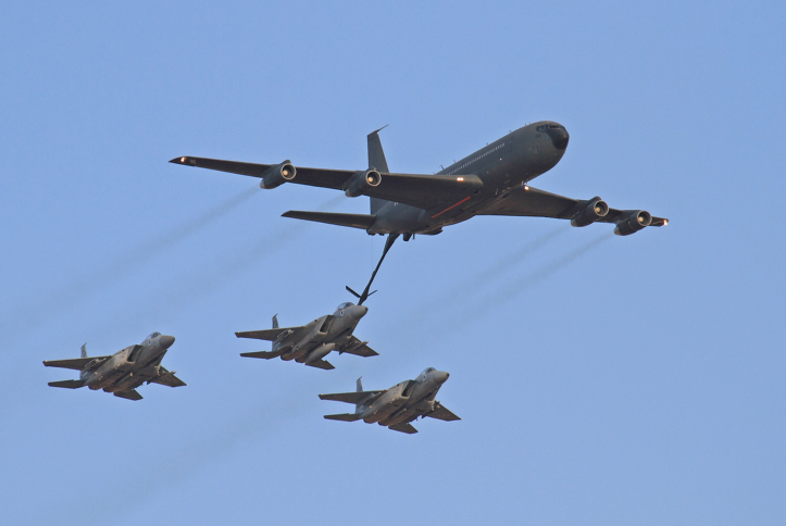 A Boeing 707 fueling plane fuels three F-15 aircrafts in flight (photo credit:Ofer Zidon/Flash90)