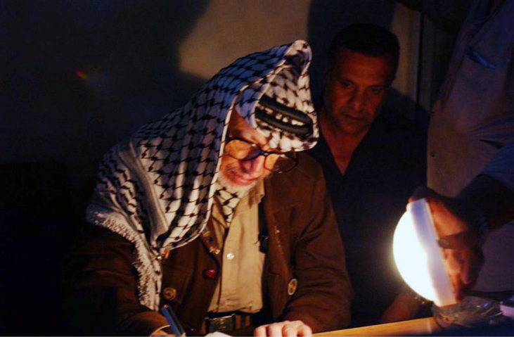 Late Palestinian leader Yasser Arafat in 2002. (photo credit: Palestinian Authorities via Abed Rahim Khatib/Flash90)
