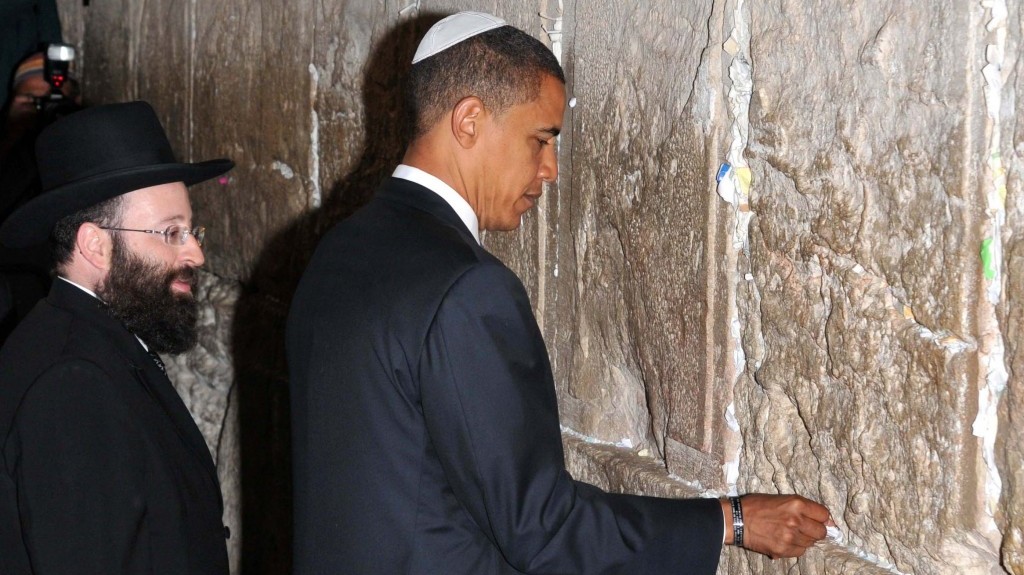 No, he's not a member of the tribe. Then-presidential candidate Barack Obama (he's the one on the right) visits the Western Wall in Jerusalem, in July 2008. (photo credit: Avi Hayon/Flash90)
