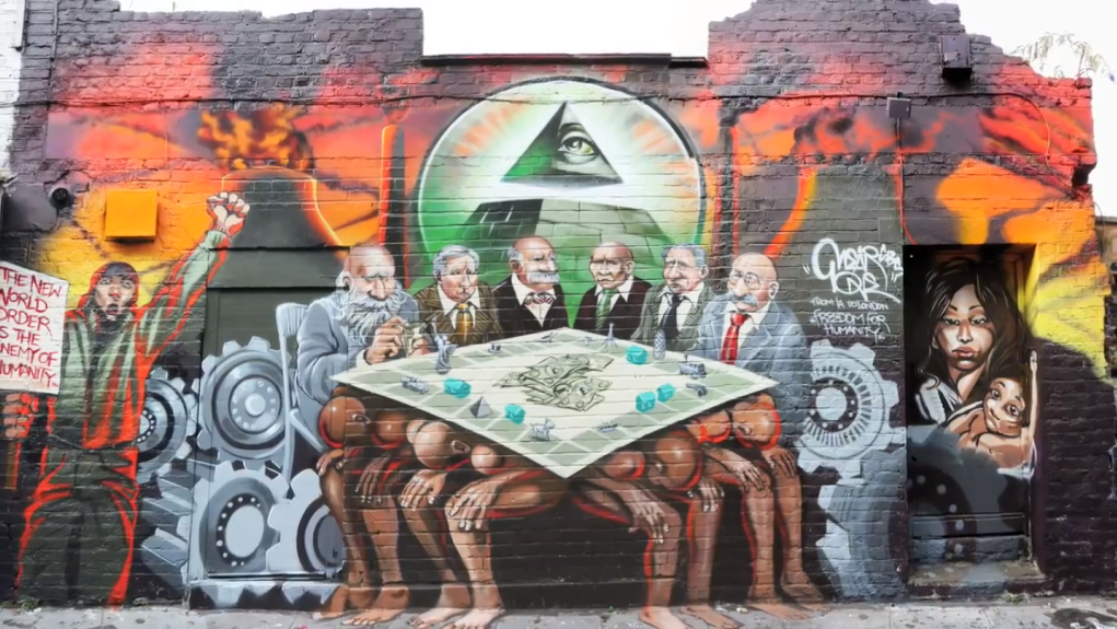 Kalen Ockerman's mural 'The Enemy of Humanity' (photo credit: YouTube screen shot)