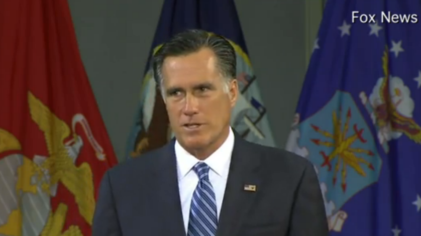 Republican presidential candidate Mitt Romney speaks at the Virginia Military Institute Monday (photo credit: Fox News screenshot)