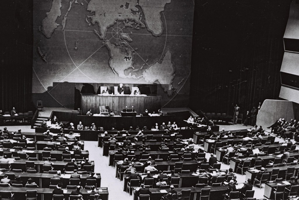 The UN votes on partition, November 29, 1947 (Courtesy of the Government Press Office, Jerusalem)