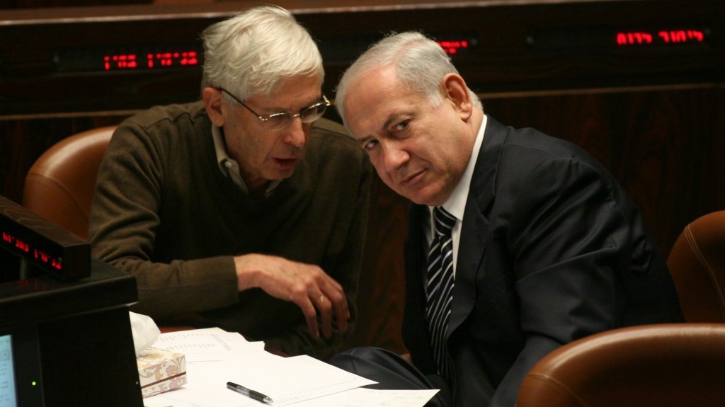 Benny Begin with Benjamin Netanyahu, in the Knesset (photo credit: Miriam Alster/Flash90)