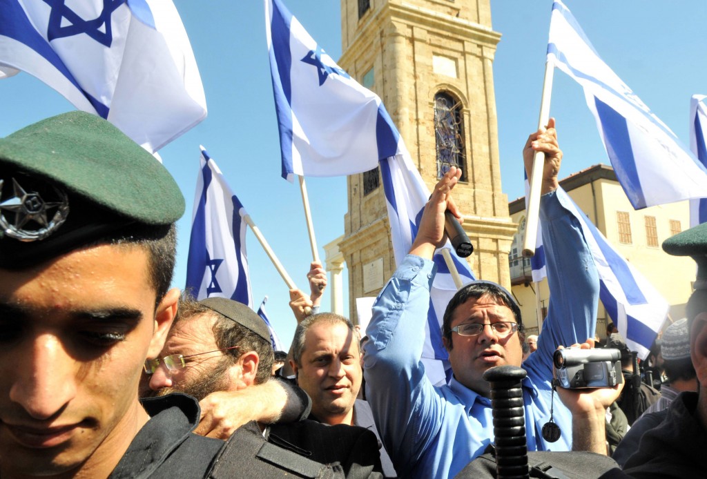 Right-wing protesters, including Itamar Ben Gvir (in blue), march through Jaffa on March 2, 2011. (photo credit: Yossi Zeliger/Flash90)