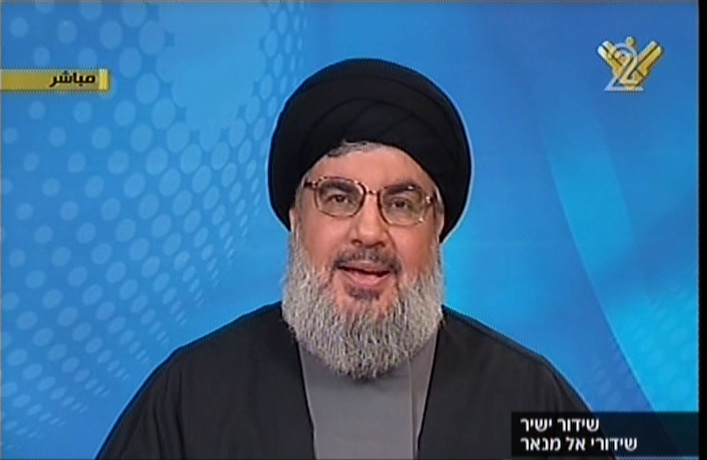 Hassan Nasrallah speaking Wednesday night. (Screenshot Channel 2/Al Manar)