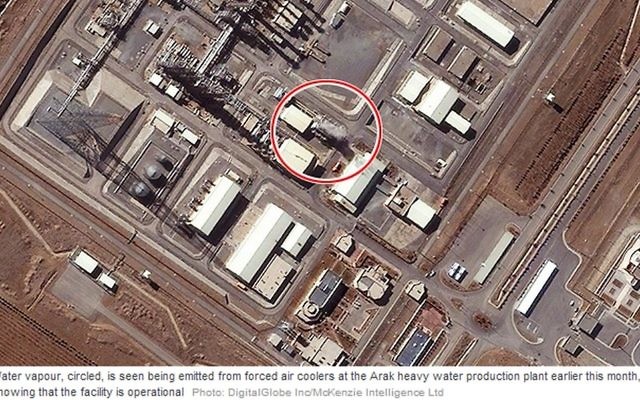 A recent satellite image of the Arak facility shows a cloud of vapor indicating the production of heavy water (photo credit: Daily Telegraph, screenshot)