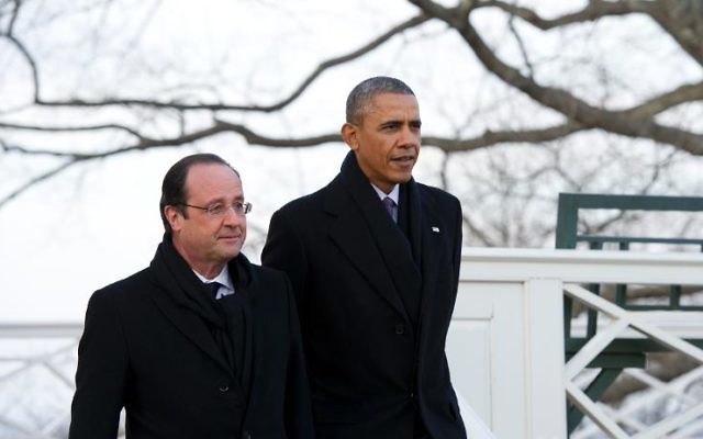 Barack Obama et François Hollande à la résidence de Thomas Jefferson, le 10 février 2014 à Monticello, en Virginie (Crédit : AFP/Alain Jocard)