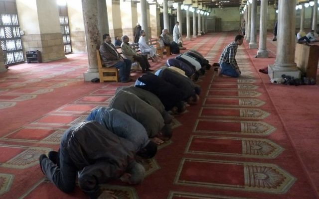 Illustration. Des musulmans prient à la grande mosquée al-Azhar au Caire, le 14 février 2014 (Crédit : Khaled Desouki/AFP)