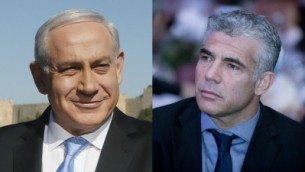 Benjamin Netanyahu et Yair Lapid (droite) (Crédit : montage Miraim Alster/Moshe Shai/Flash 90)