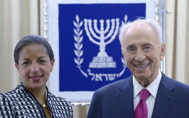 Shimon Peres et Susan Rice - 7 mai 2014 (Crédit : Mark Neiman/GPO)