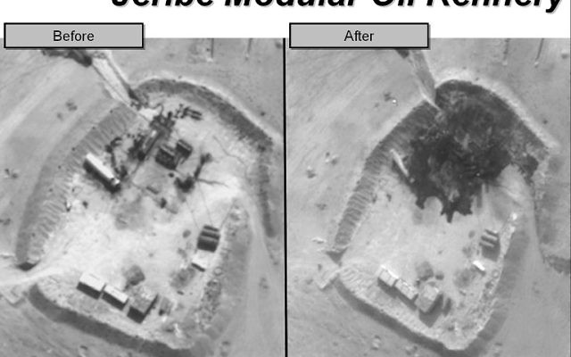 La raffinerie de Jeribe avant et après le bombardement de la coalition (Crédit : US department / AFP)
