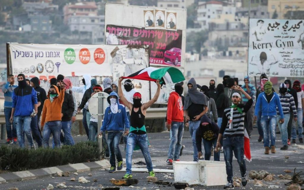 De jeunes Arabes jetant des pierres et agitant des drapeaux palestiniens à l'entrée du village arabe de Kafr Kanna le 8 novembre 2014. (Crédit : Hadash Parush/Flash90)