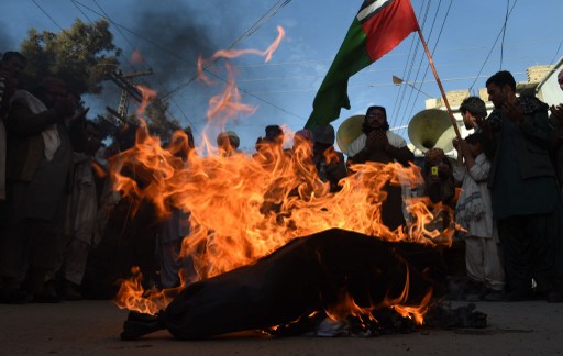Des drapeaux français et des effigies de François Hollande ont été brûlés  (Crédit : AFP)