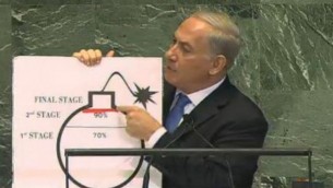 Présentation de la bombe et de la ligne rouge par Netanyahu à l'Assemblée générale de l'ONU le 27 septembre 2012 (Crédit : Avi Ohayun, GPO)