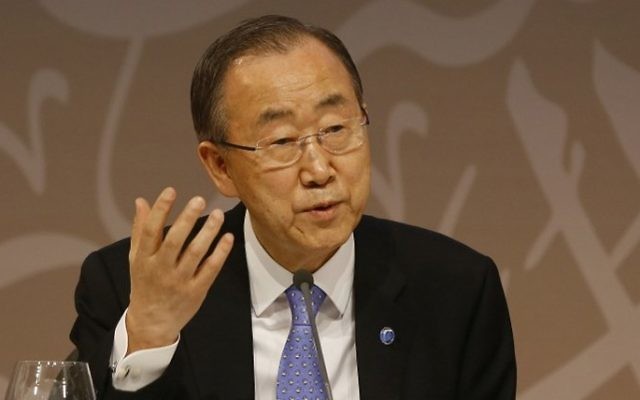 Le secrétaire général des Nations unies, Ban Ki-moon, le 12 Avril 2015 (Crédit : Karim Jaafar / al-Watan Doha / AFP)