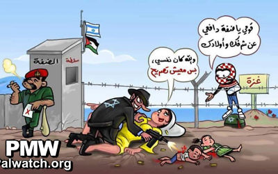 La caricature de Bahaa Yassin accusant la Cisjordanie et ses agences de sécurité de collaborer avec Israël (Crédit : Bahaa Yassin / Autorisation Palestinian Media Watch)